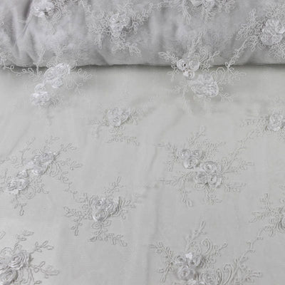 Andrea WHITE 3D Floral Matte Corded Embroidery on Mesh Lace Fabric by the Yard - 10016