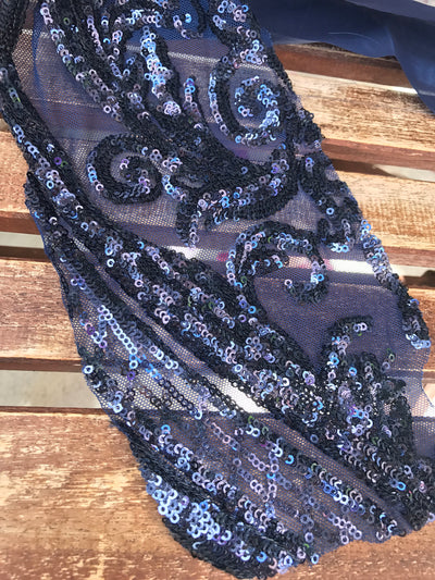Alaina NAVY BLUE Curlicue Sequins on Mesh Lace Fabric by the Yard - 10018