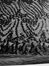 Miranda BLACK Vines and Leaves Sequins on BLACK Mesh Lace Fabric by the Yard - 10061