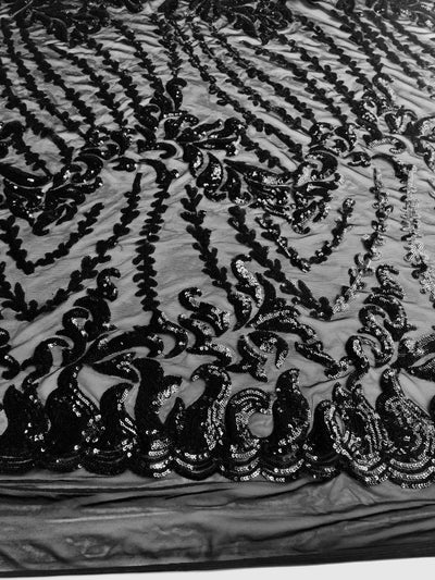 Miranda BLACK Vines and Leaves Sequins on BLACK Mesh Lace Fabric by the Yard - 10061