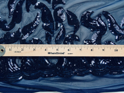 Miranda NAVY BLUE Vines and Leaves Sequins on NAVY Mesh Lace Fabric by the Yard - 10061