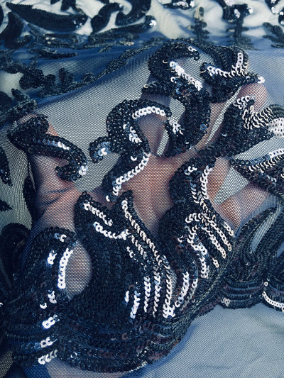 Miranda NAVY BLUE Vines and Leaves Sequins on NAVY Mesh Lace Fabric by the Yard - 10061