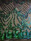 Miranda Iridescent GREEN BLUE Mermaid Vines and Leaves Sequins on BLACK Mesh Lace Fabric by the Yard - 10061