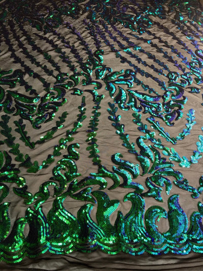 Miranda Iridescent GREEN BLUE Mermaid Vines and Leaves Sequins on BLACK Mesh Lace Fabric by the Yard - 10061