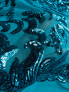 Miranda TEAL Vines and Leaves Sequins on TEAL Mesh Lace Fabric by the Yard - 10061