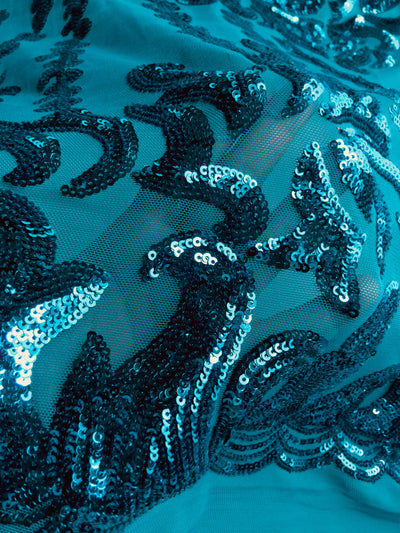 Miranda TEAL Vines and Leaves Sequins on TEAL Mesh Lace Fabric by the Yard - 10061