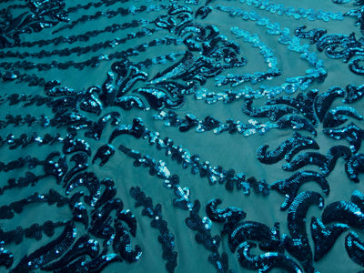 Miranda TEAL Vines and Leaves Sequins on TEAL Mesh Lace Fabric by the Yard - 10061