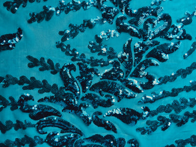 Miranda TEAL Vines and Leaves Sequins on TEAL Mesh Lace Fabric by the Yard - 10061