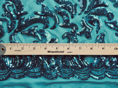 Miranda TEAL Vines and Leaves Sequins on TEAL Mesh Lace Fabric by the Yard - 10061