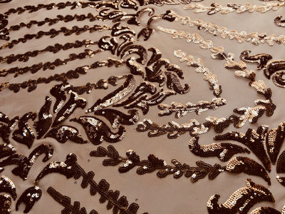 Miranda BRONZE Vines and Leaves Sequins on DUSTYPINK Mesh Lace Fabric by the Yard - 10061