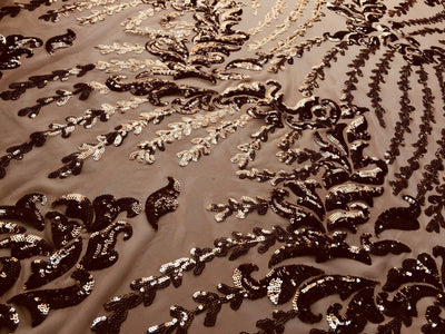 Miranda BRONZE Vines and Leaves Sequins on DUSTYPINK Mesh Lace Fabric by the Yard - 10061