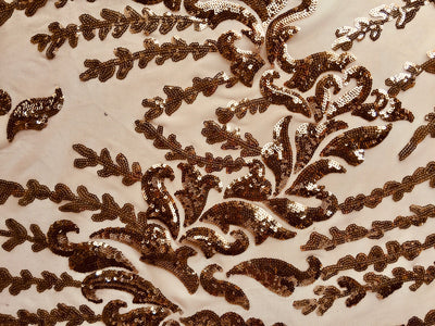 Miranda BRONZE Vines and Leaves Sequins on DUSTYPINK Mesh Lace Fabric by the Yard - 10061