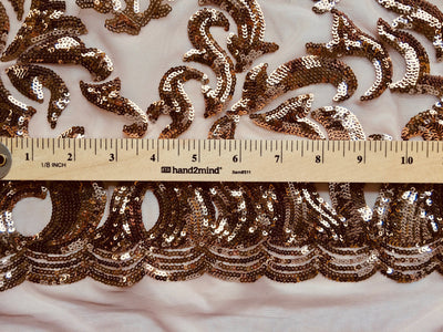 Miranda BRONZE Vines and Leaves Sequins on DUSTYPINK Mesh Lace Fabric by the Yard - 10061