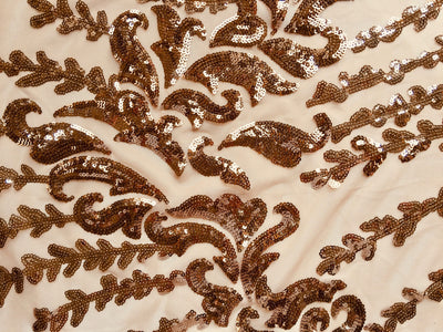 Miranda COPPER Vines and Leaves Sequins on BROWN Mesh Lace Fabric by the Yard - 10061