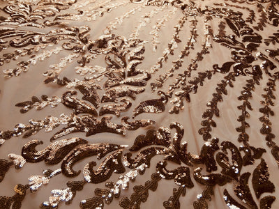 Miranda COPPER Vines and Leaves Sequins on BROWN Mesh Lace Fabric by the Yard - 10061