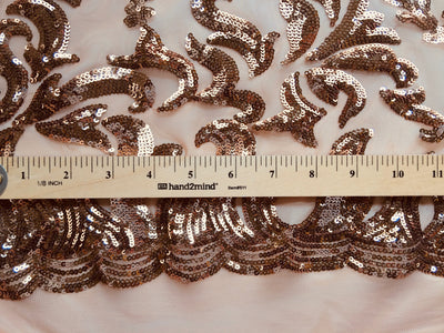 Miranda COPPER Vines and Leaves Sequins on BROWN Mesh Lace Fabric by the Yard - 10061