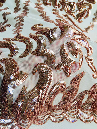 Miranda CHAMPAGNE Vines and Leaves Sequins on CHAMPAGNE Mesh Lace Fabric by the Yard - 10061