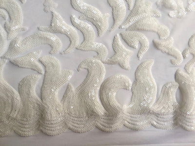 Miranda OFF WHITE Vines and Leaves Sequins on WHITE Mesh Lace Fabric by the Yard - 10061