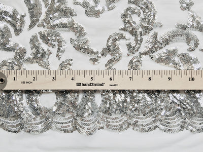 Miranda SILVER Vines and Leaves Sequins on WHITE Mesh Lace Fabric by the Yard - 10061