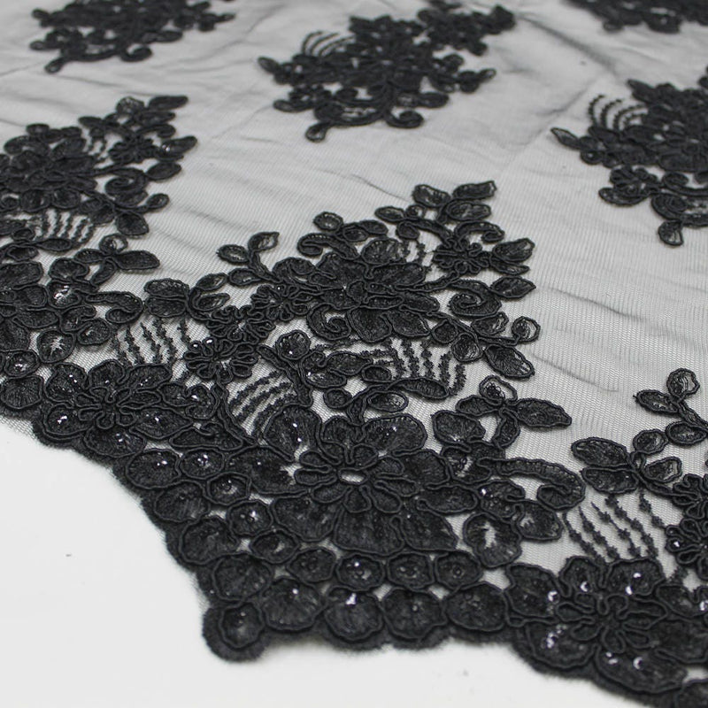 Brianna BLACK Polyester Floral Embroidery with Sequins on Mesh Lace Fabric by the Yard - 10020