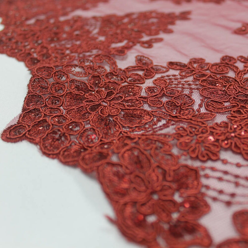 Brianna BURGUNDY Polyester Floral Embroidery with Sequins on Mesh Lace Fabric by the Yard - 10020