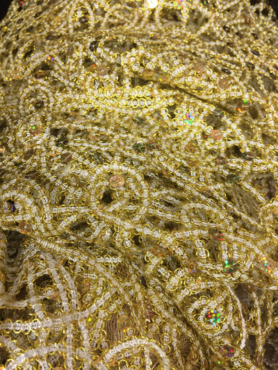Harmony GOLD Foil and Sequins Open Weave Lace Fabric by the Yard - 10023