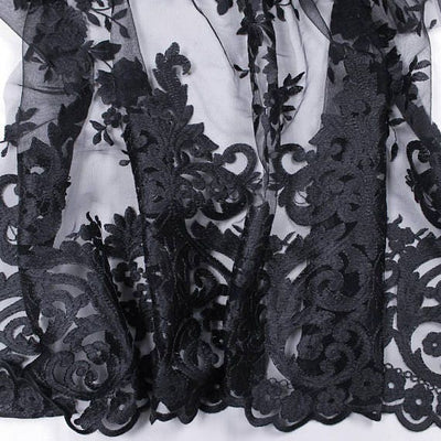 Teagan BLACK Damask Design Embroidered on Mesh Lace Fabric by the Yard - 10027