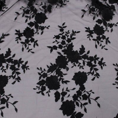 Teagan BLACK Damask Design Embroidered on Mesh Lace Fabric by the Yard - 10027