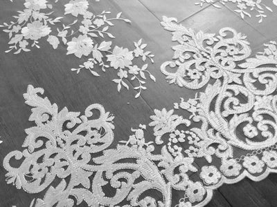 Teagan WHITE Damask Design Embroidered on Mesh Lace Fabric by the Yard - 10027