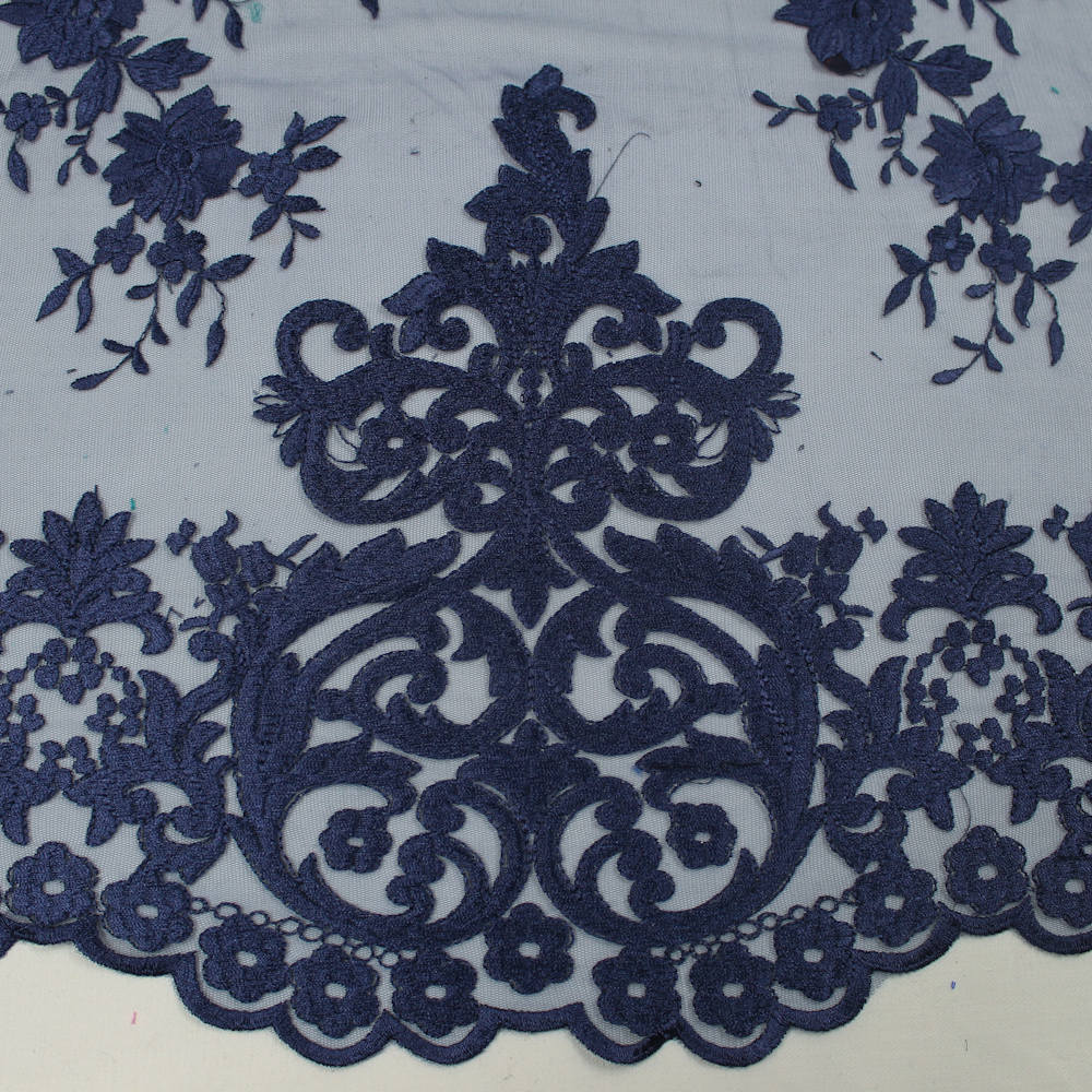 Teagan NAVY BLUE Damask Design Embroidered on Mesh Lace Fabric by the Yard - 10027