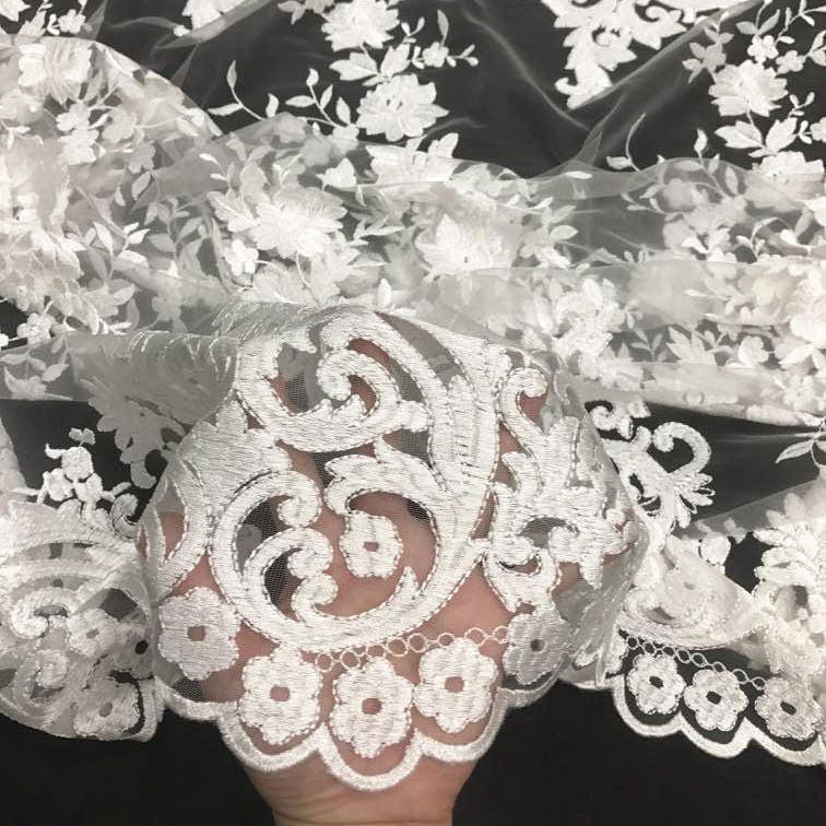Teagan IVORY Damask Design Embroidered on Mesh Lace Fabric by the Yard - 10027