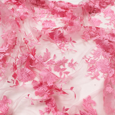 Teagan PINK Damask Design Embroidered on Mesh Lace Fabric by the Yard - 10027
