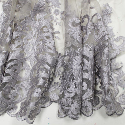 Teagan SILVER Damask Design Embroidered on Mesh Lace Fabric by the Yard - 10027