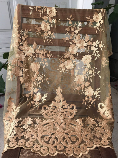 Teagan GOLD Damask Design Embroidered on Mesh Lace Fabric by the Yard - 10027
