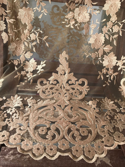 Teagan GOLD Damask Design Embroidered on Mesh Lace Fabric by the Yard - 10027