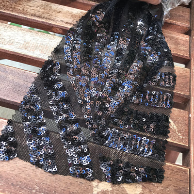 Thea BLACK Geometric Sequins Diamond & Stripes on Mesh Lace Fabric by the Yard - 10026