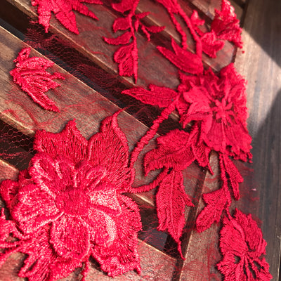 Nina RED Polyester 3D Floral Embroidery on Mesh Lace Fabric by the Yard - 10032