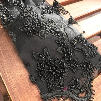 Jayla BLACK Floral Embroidery with Beads and Sequins on Mesh Lace Fabric by the Yard - 10044