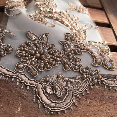 Jayla TAUPE Floral Embroidery with Beads and Sequins on Mesh Lace Fabric by the Yard - 10044