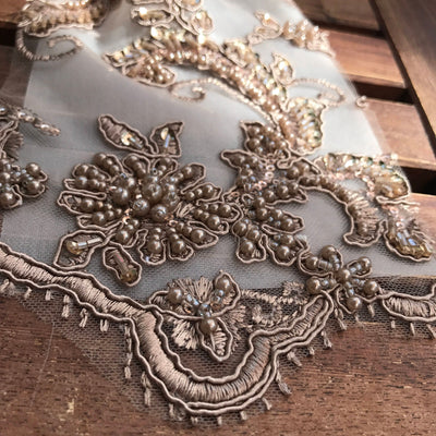 Jayla TAUPE Floral Embroidery with Beads and Sequins on Mesh Lace Fabric by the Yard - 10044