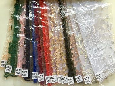 Veronica BURGUNDY Faux Pearls Beaded Flowers and Leaves Lace Embroidery on Mesh Fabric by the Yard - 10100