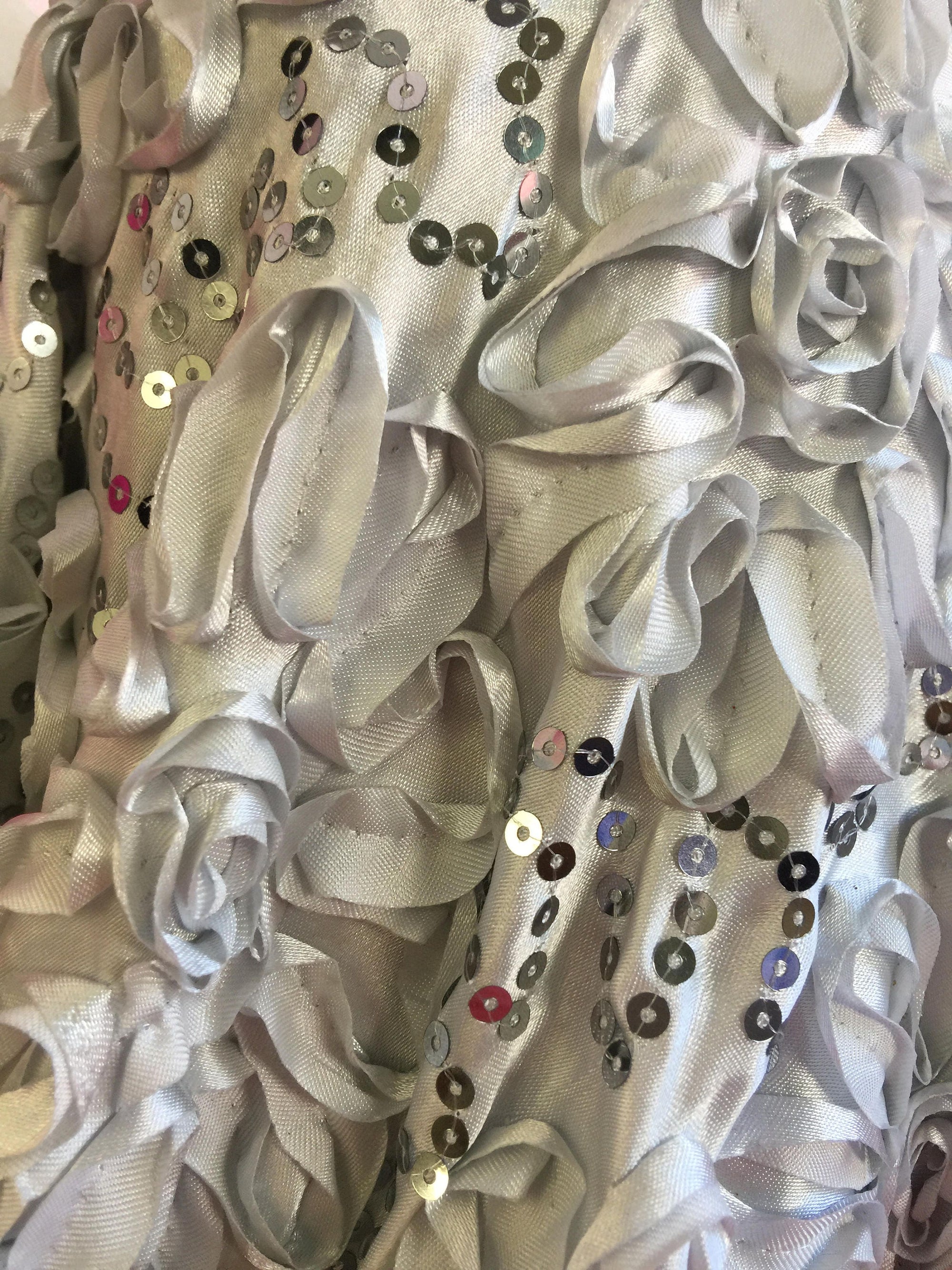 Allie SILVER 3D Floral Polyester Satin Rosette with Sequins Fabric by the Yard - 10051