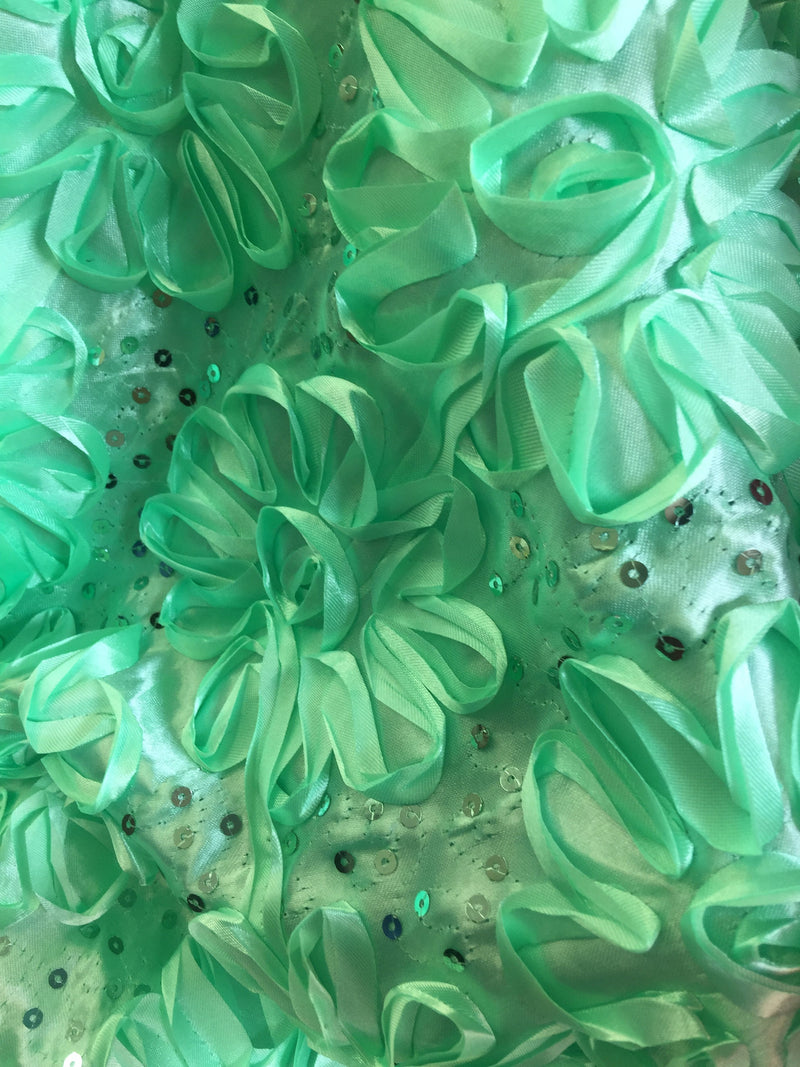 Allie LIGHT GREEN 3D Floral Polyester Satin Rosette with Sequins Fabric by the Yard - 10051