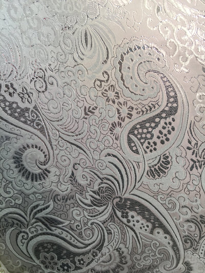 Brynn SILVER WHITE Paisley Floral Brocade Chinese Satin Fabric by the Yard - 10054