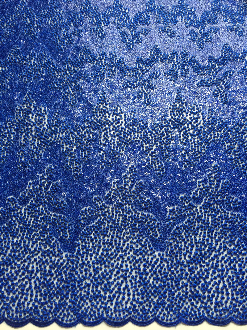 Joanna ROYAL BLUE Maze Sequins Embroidered Dots on Mesh Lace Fabric by the Yard - 10074
