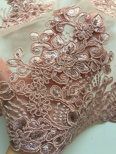 Brianna OLD ROSE Polyester Floral Embroidery with Sequins on Mesh Lace Fabric by the Yard - 10020