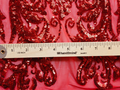 Alaina RED Curlicue Sequins on Mesh Lace Fabric by the Yard - 10018