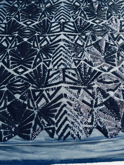 Gia NAVY Geometric Sequins on ROYAL Mesh Lace Fabric by the Yard - 10101