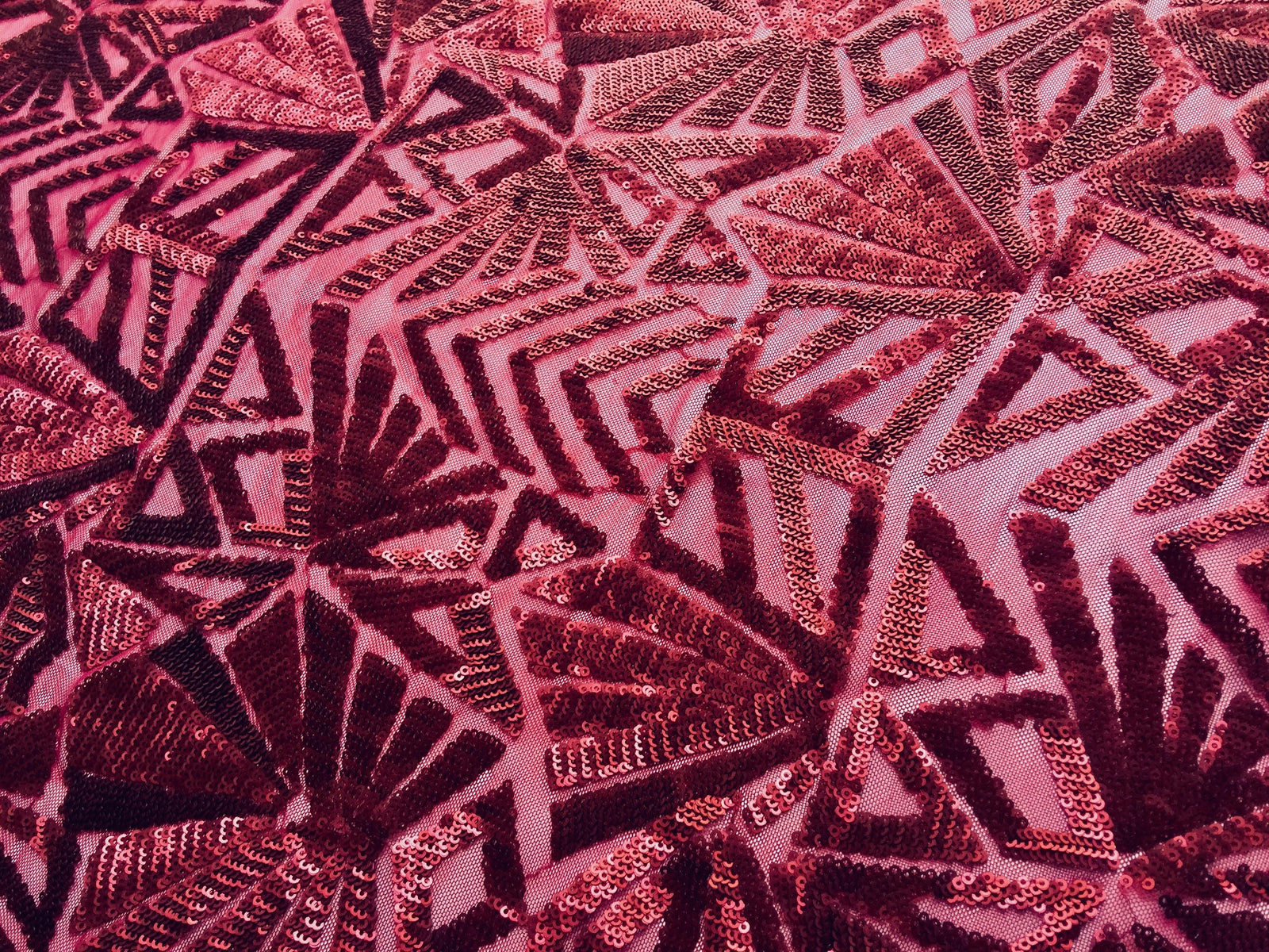 Gia BURGUNDY Geometric Sequins on Mesh Lace Fabric by the Yard - 10101