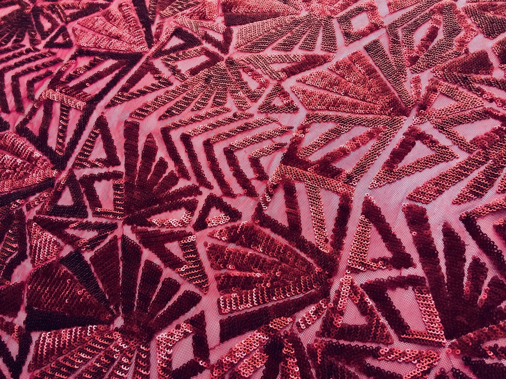 Gia BURGUNDY Geometric Sequins on Mesh Lace Fabric by the Yard - 10101